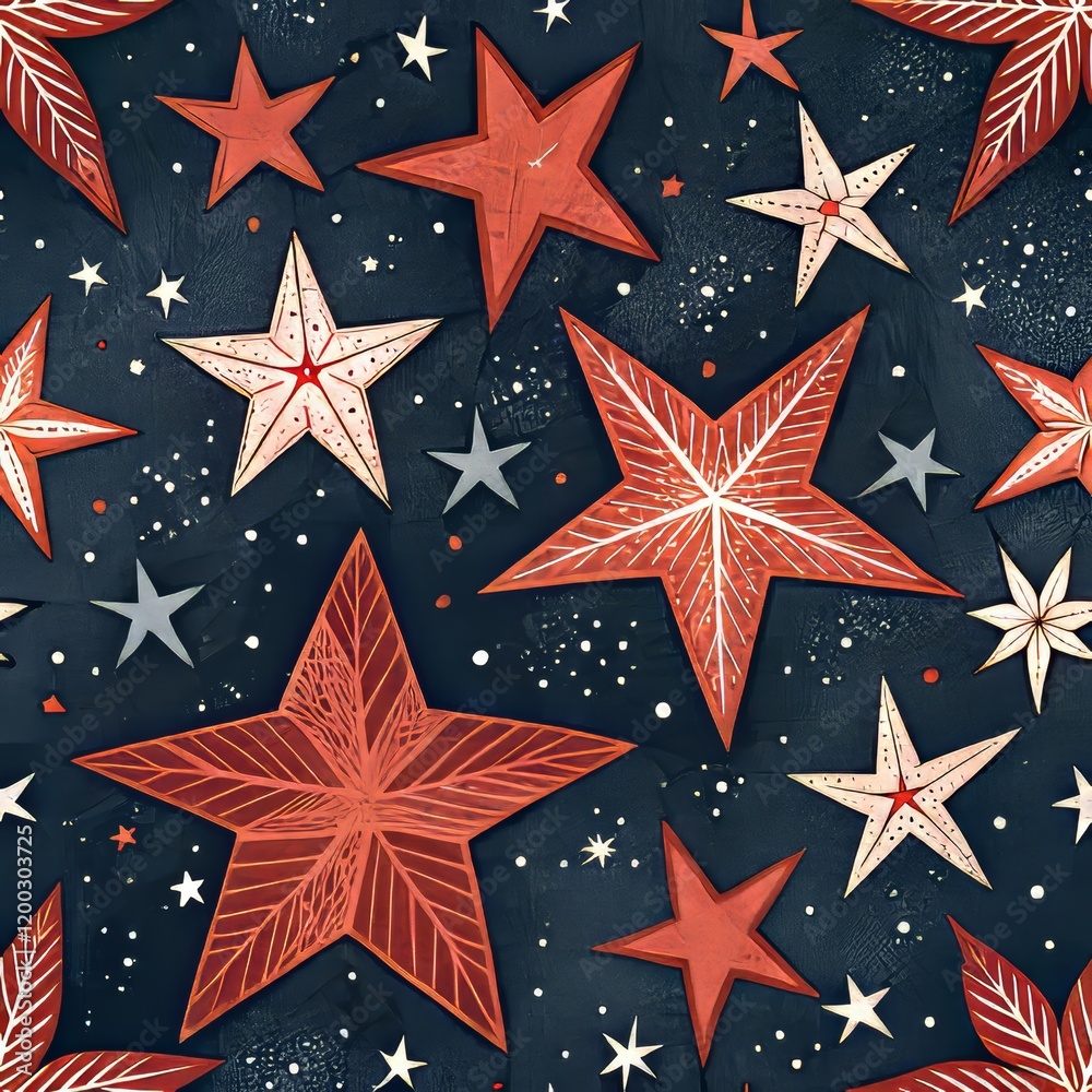 Festive handcrafted stars on dark background: modern geometric pattern