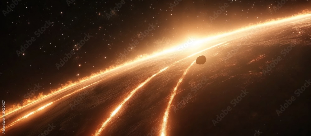 Obraz premium Planet with lava cracks and a small moon in space, for backgrounds, science, games, or websites