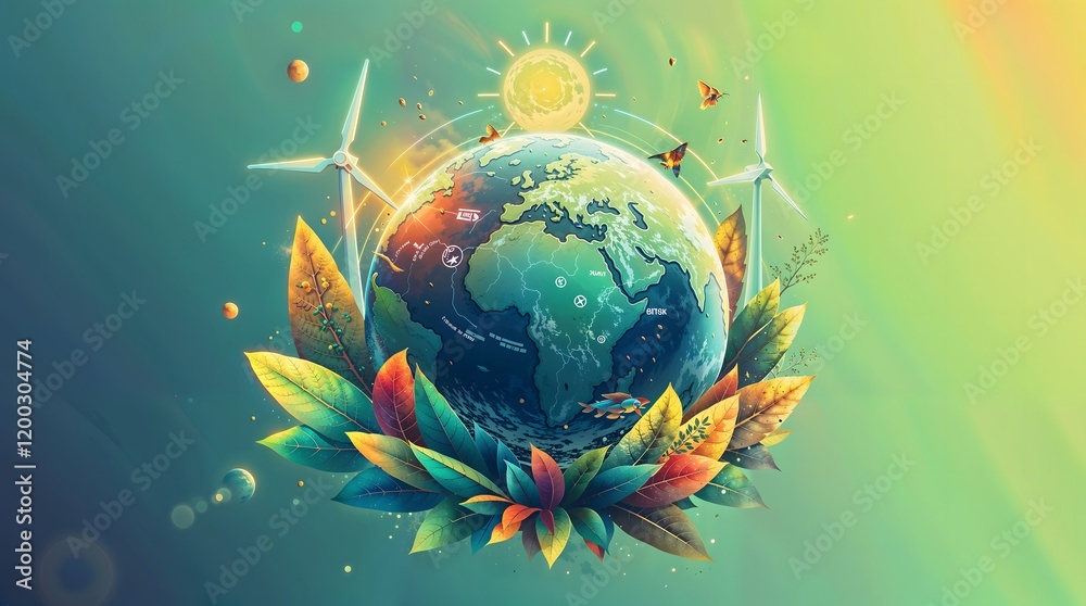 Naklejka premium Sustainable Earth Illustration in Vibrant Autumn Colors Symbolizing Environmental Harmony 