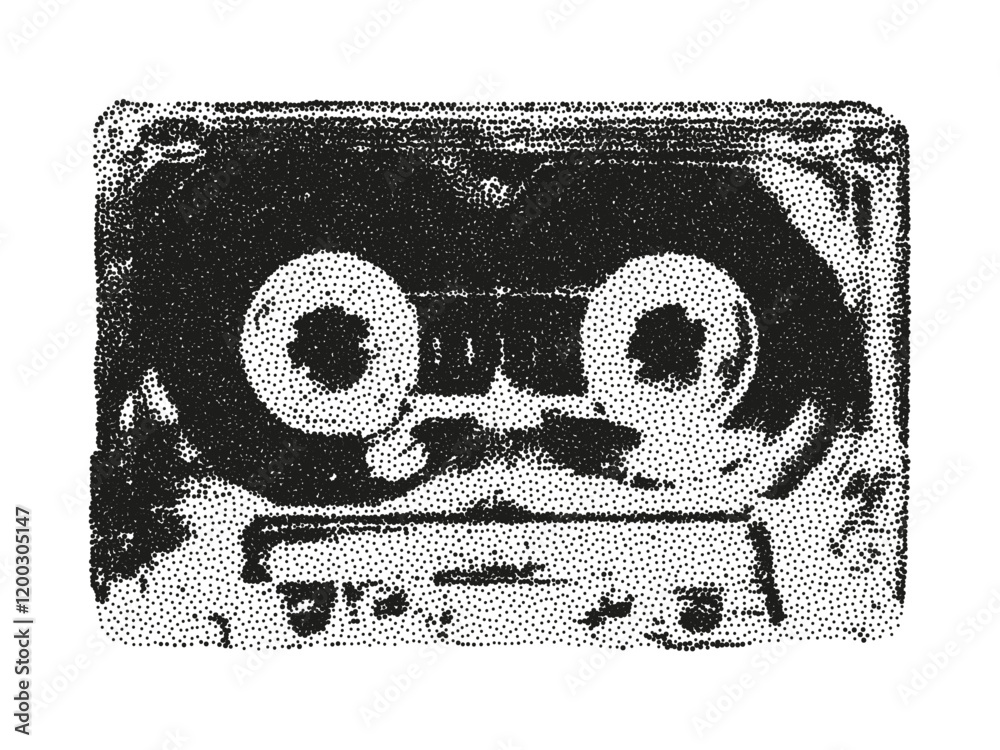 Trendy halftone stipple element with photocopy effect. Vintage transparent music cassette tape. Grunge punk dotted sticker for collage, modern retro vector illustration for poster, print, banner