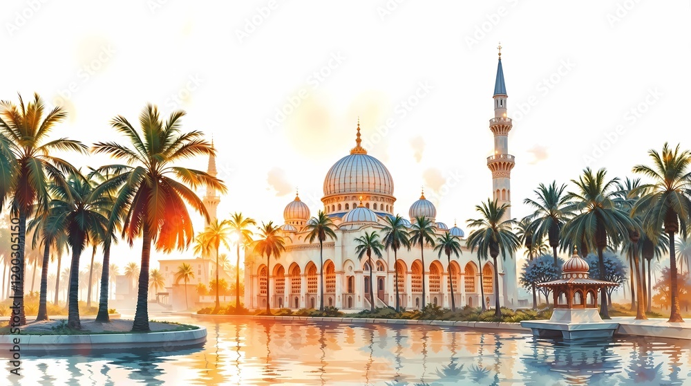 Fototapeta premium Idealized Digital Painting of Elegant Mosque with Palm Trees and Waterfront Setting 