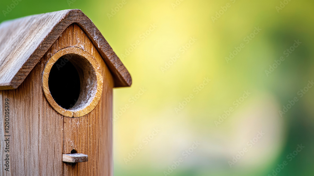 Wooden birdhouse with circular entrance, outdoors, natural surrounding Wooden birdhouse with circular entrance, outdoors, natural surrounding