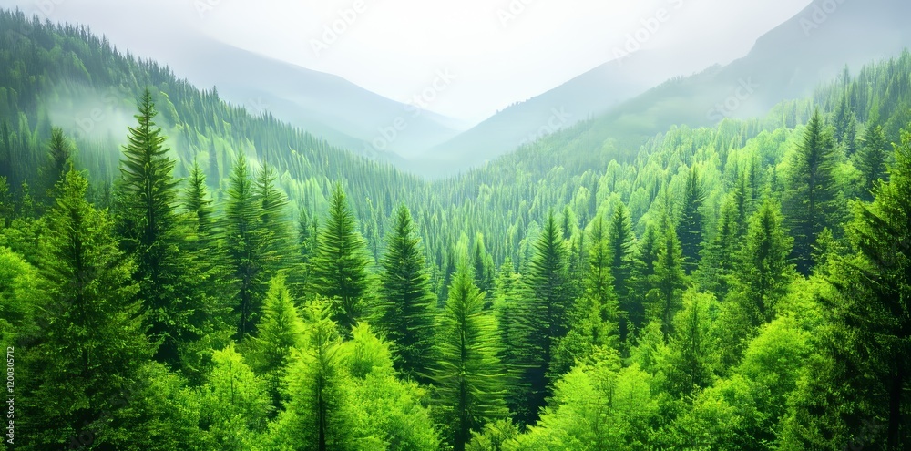 Obraz premium A nostalgic misty landscape featuring a fir forest in retro style. Stock