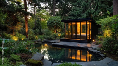 Serene Modern Garden Studio Retreat:  Peaceful Nighttime Oasis by the Pond