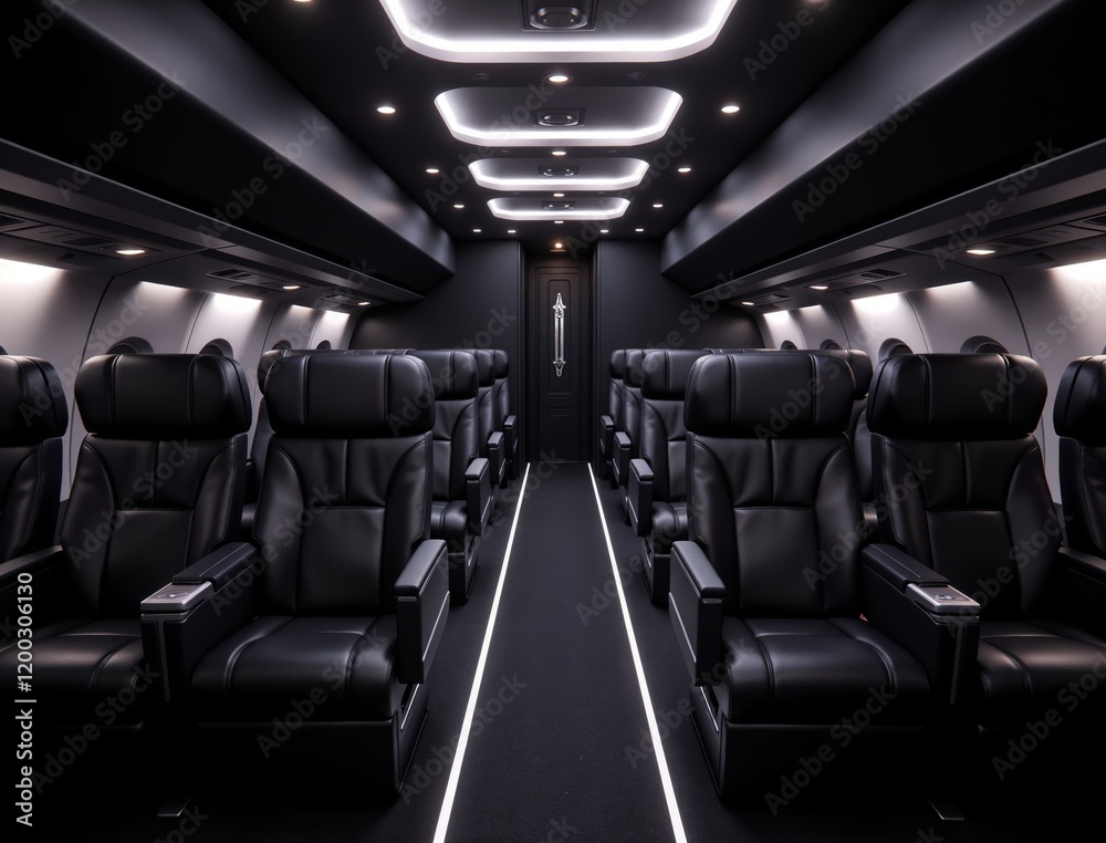modern and luxurious private jet cabin interior with black leather seats, clean lines and an elegant design. modern and luxurious private jet cabin interior with black leather seats, clean lines and an elegant design.