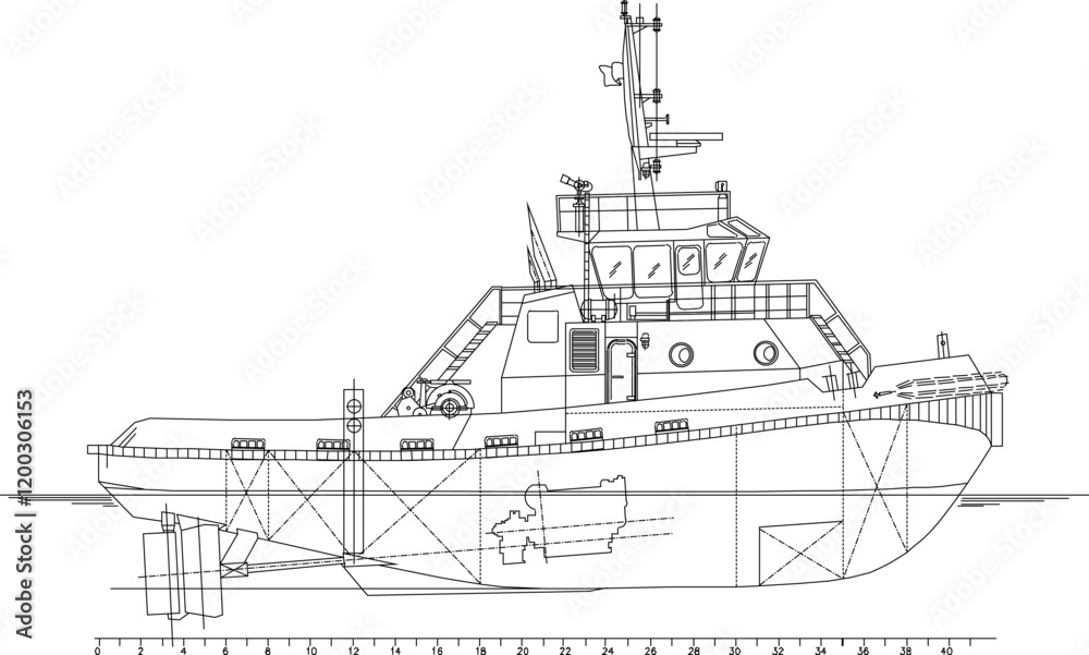 Obraz premium vector sketch illustration of the silhouette of a tugboat construction design for sailing at sea.eps