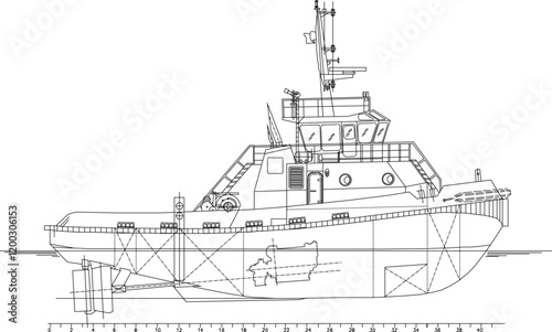 vector sketch illustration of the silhouette of a tugboat construction design for sailing at sea.eps