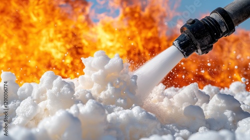 Firefighting foam is being sprayed onto flames, creating a contrast between the white foam and the intense orange fire.