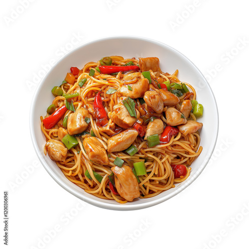 Stir-fry noodles in a plate with chicken breast cube, chicken chow mein, Chinese food, isolated on white transparent background, menu photography, food photography