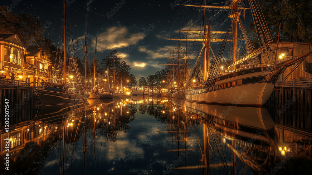 Fototapeta premium 巨大な水鏡が作り出す船が浮かぶ夜の港の幻想的な光景