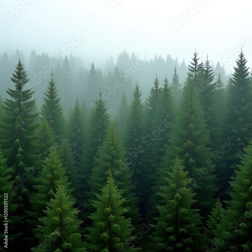 Misty evergreen forest, dense trees shrouded in fog. Serene and tranquil atmosphere.
