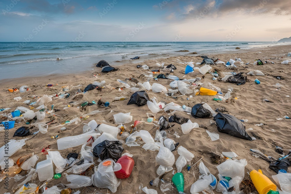 Garbage on the beach, View of a polluted beach Garbage on the beach, View of a polluted beach