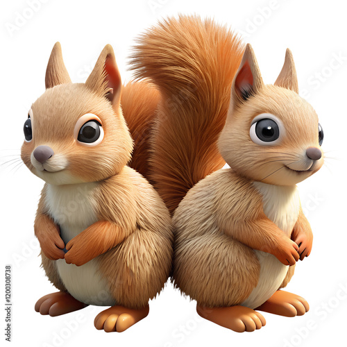 Couple of adorable cartoon furry squirrels 3d illustration isolated on the transparent background photo