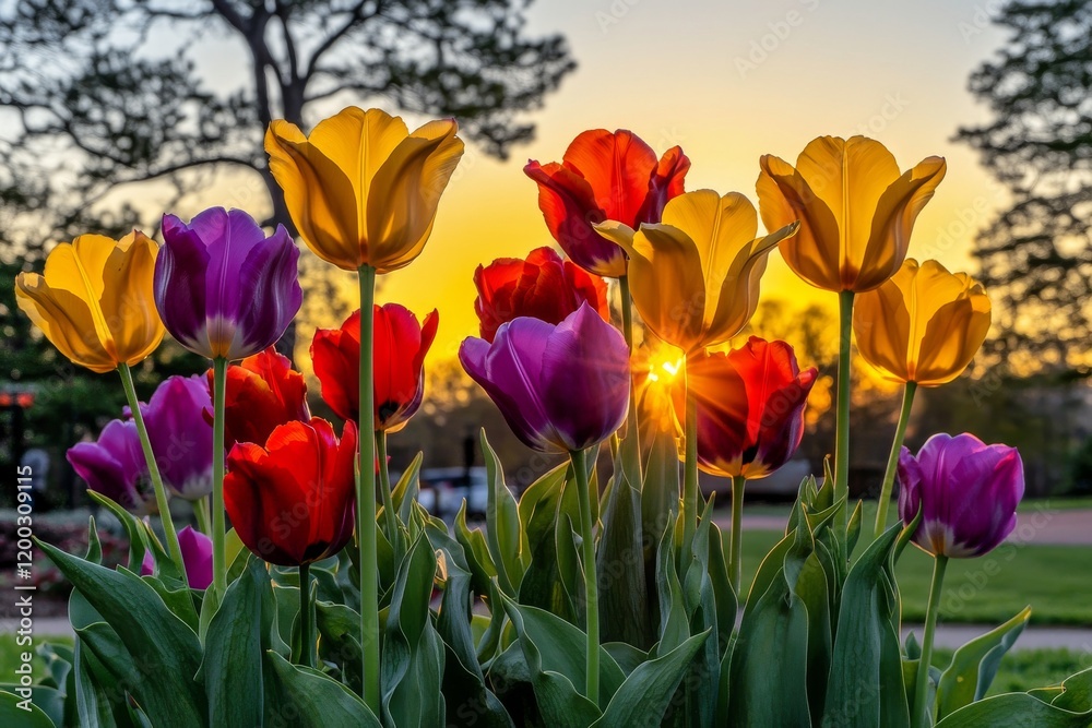 A gentle spring breeze causes a row of colorful tulips to bend slightly A gentle spring breeze causes a row of colorful tulips to bend slightly