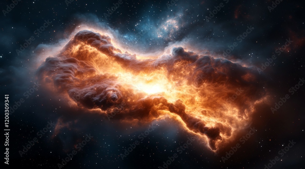 Fototapeta premium Large orange cloud in space with a bright yellow star in the middle