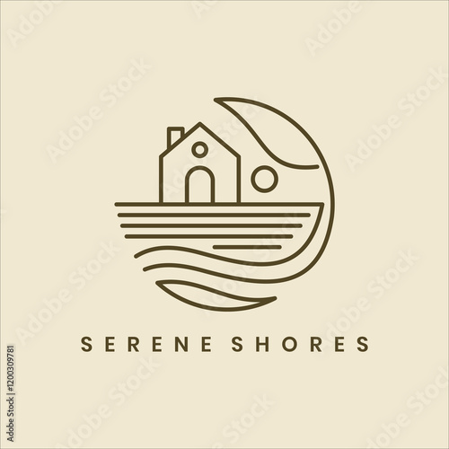 A minimalist line art logo featuring a house, leaf, and water waves. Designed with a warm, natural, and modern feel, perfect for nature-themed brands or vacation destinations