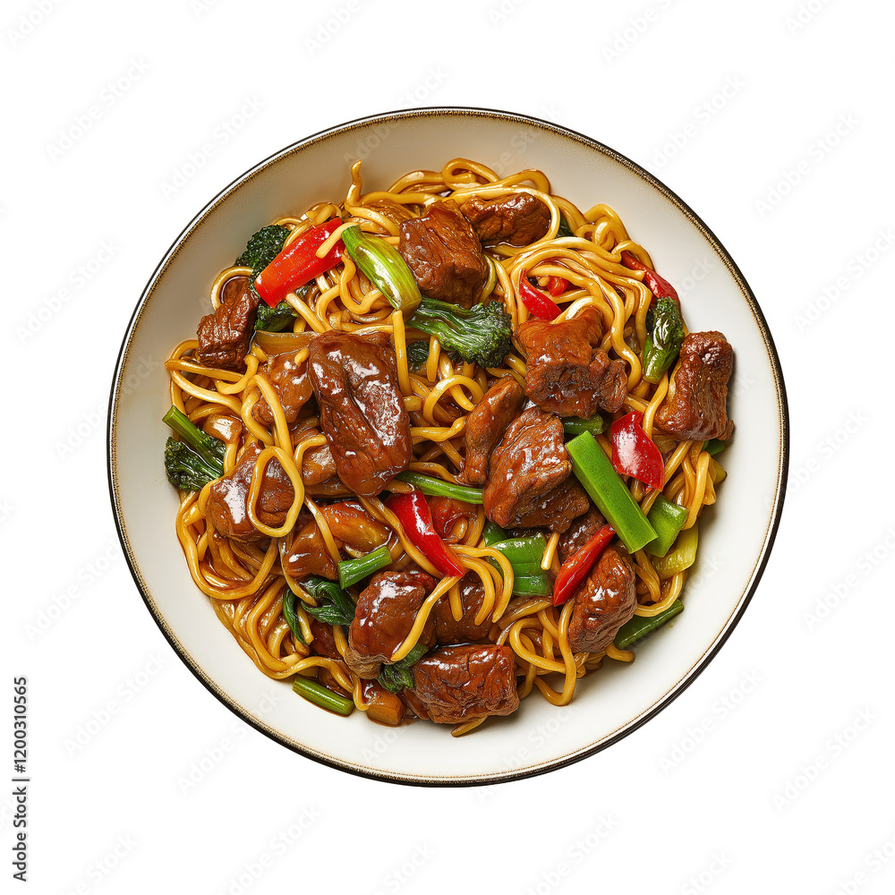 Stir-fry noodles in a plate with beef, beef chow mein, beef and vegetable stir fry, Chinese food, isolated on white transparent background, menu photography, food photography Stir-fry noodles in a plate with beef, beef chow mein, beef and vegetable stir fry, Chinese food, isolated on white transparent background, menu photography, food photography