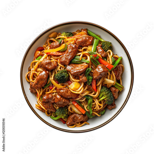 Stir-fry noodles in a plate with beef, beef chow mein, beef and vegetable stir fry, Chinese food, isolated on white transparent background, menu photography, food photography