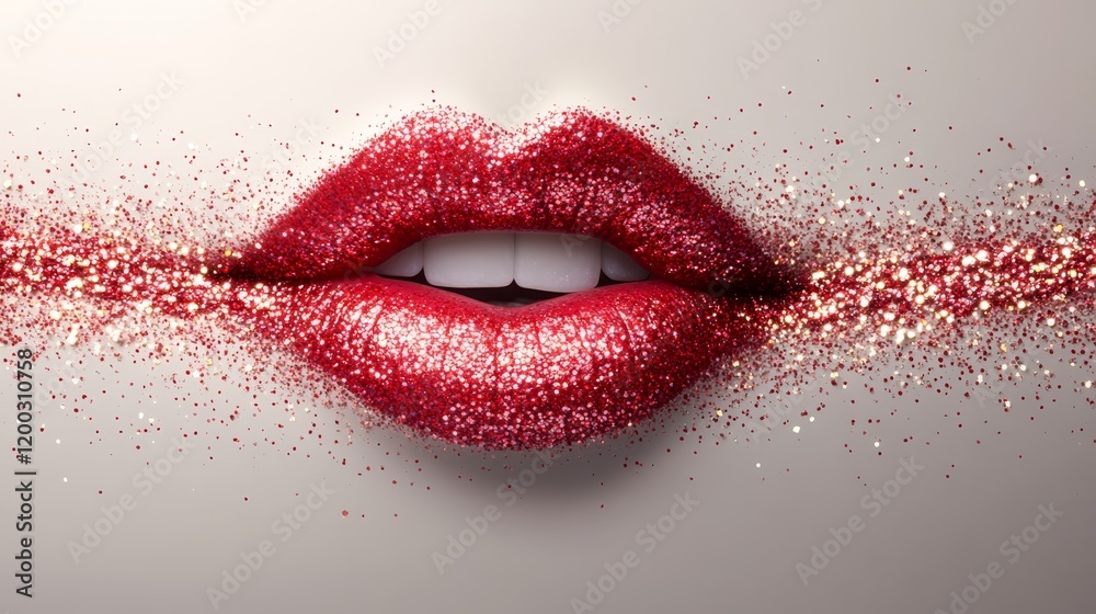 Obraz premium Smiling Red Glitter Lips, Beauty and Makeup Close-up with Copy Space on White Background