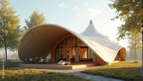 Architectural Render of a Curvilinear Tent Roof Cottage with Tensile Steel Elements