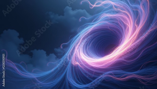 Mesmerizing Digital Artwork: Swirling Vortex of Blue and Pink Against Fluffy White Clouds photo