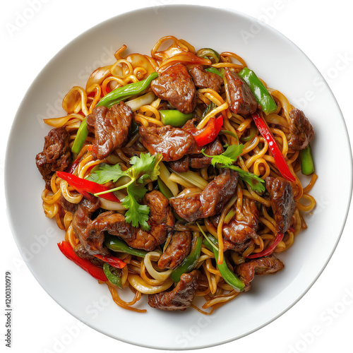 Stir-fry noodles in a plate with beef, beef chow mein, beef and vegetable stir fry, Chinese food, isolated on white transparent background, menu photography, food photography