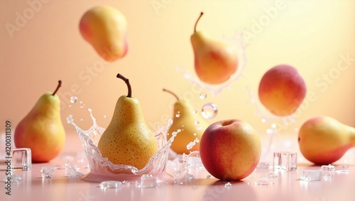 Pears and Peaches with Ice Splash in 4K, Showcasing Freshness with a Pastel Background