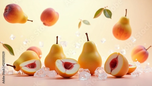 Pears and Peaches with Ice Splash in 4K, Showcasing Freshness with a Pastel Background