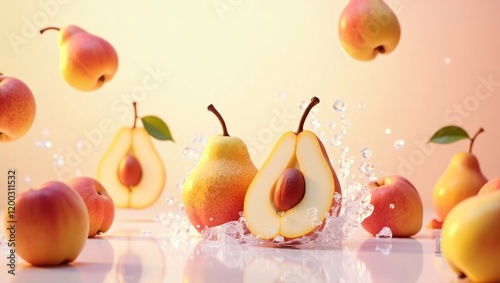 Pears and Peaches with Ice Splash in 4K, Showcasing Freshness with a Pastel Background