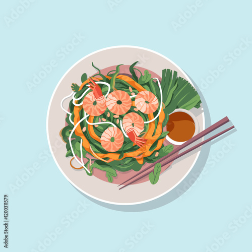Pad Thai with Shrimp and Peanuts Vector Art