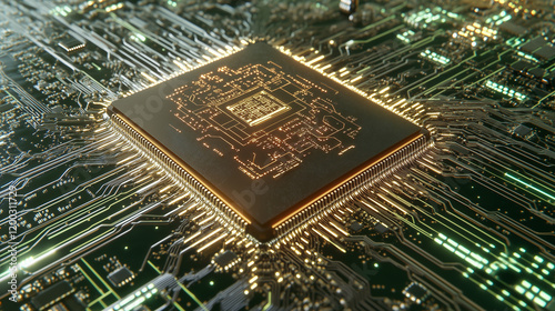A glowing cyberpunk data chip embedded in a detailed circuit board, with intricate neon gold and green patterns, symbolizing advanced technology and futuristic digital innovation. photo