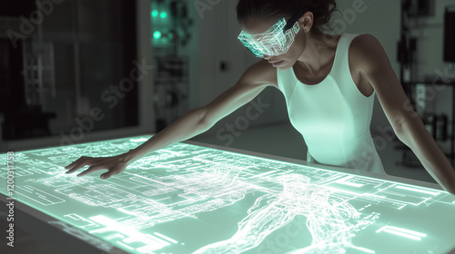 A cyberpunk engineer uses a glowing holographic interface on a sleek table to design futuristic implants in a high-tech workshop, blending innovation with advanced cybernetic technologies. photo