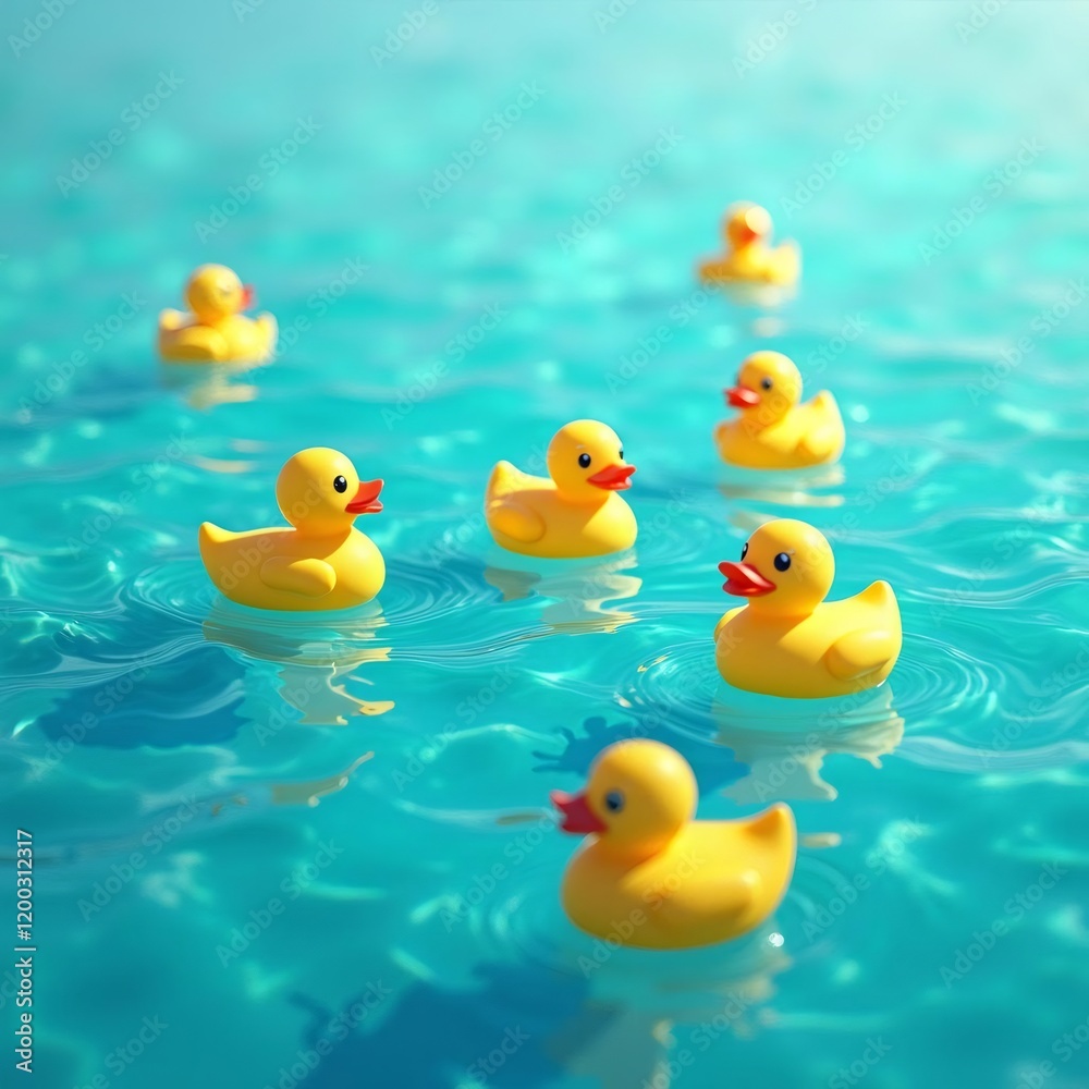 Several yellow rubber ducks bobbing gently on the surface of clear, turquoise water Several yellow rubber ducks bobbing gently on the surface of clear, turquoise water