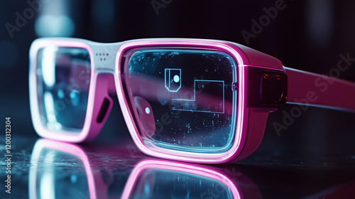 Close-up view of futuristic cyberpunk VR glasses featuring neon pink frames and a high-tech holographic display, reflecting a sleek and immersive digital interface. photo