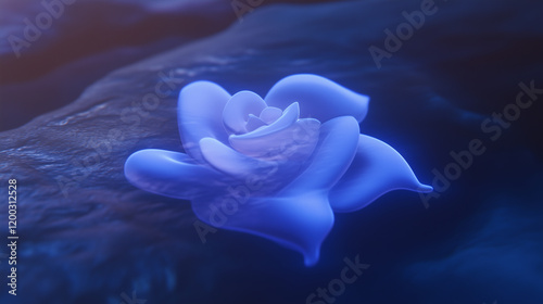 A luminous holographic blue rose resting on a textured dark surface, emitting a serene glow with subtle neon light accents, creating a tranquil yet futuristic cyberpunk atmosphere. photo