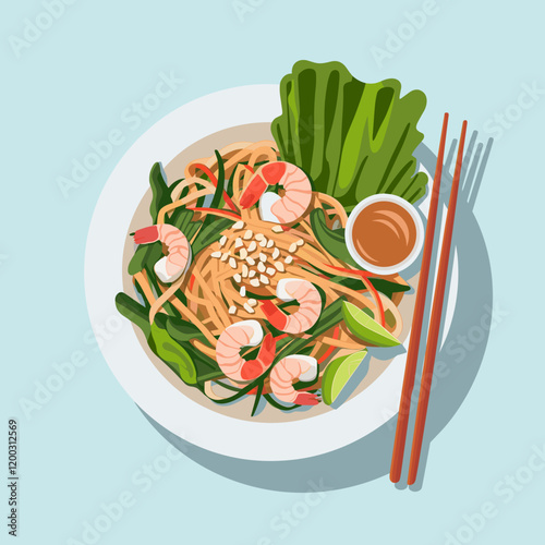 Pad Thai with Shrimp and Peanuts Vector Art