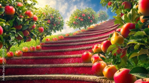 Red apple orchard stairs ascend to heaven