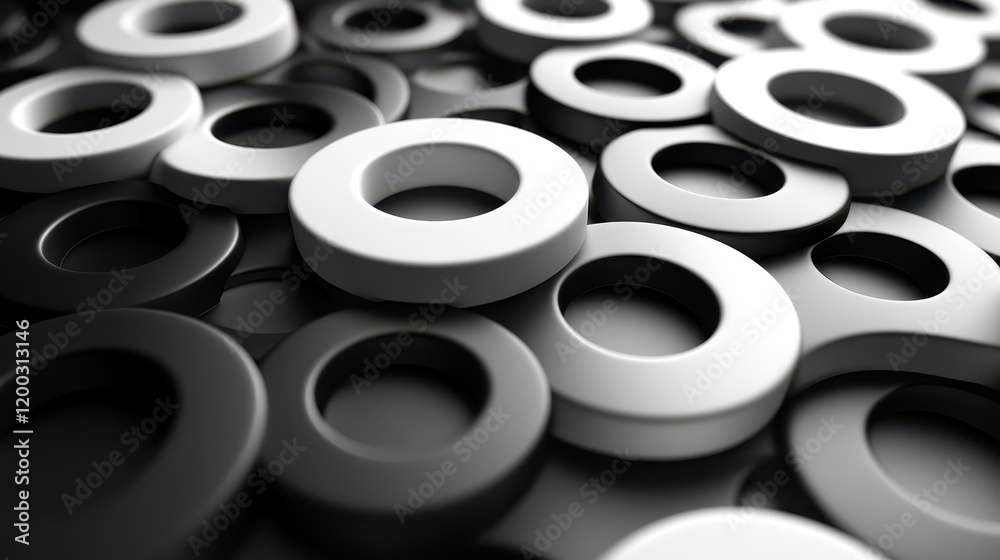 A close-up view of interlocking black and white circular shapes creating depth. A close-up view of interlocking black and white circular shapes creating depth.