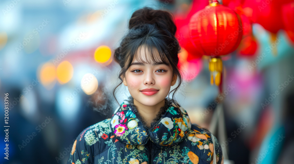 Fototapeta premium A young woman in a casual jacket stands confidently amidst a bustling market adorned with vibrant lanterns, radiating joy and warmth in her expression