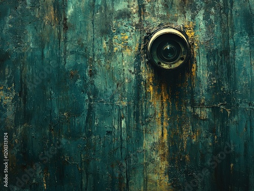 A weathered teal and gold wall with a surveillance camera evokes a sense of mystery and dystopia. Ideal for book covers, posters, or album art.