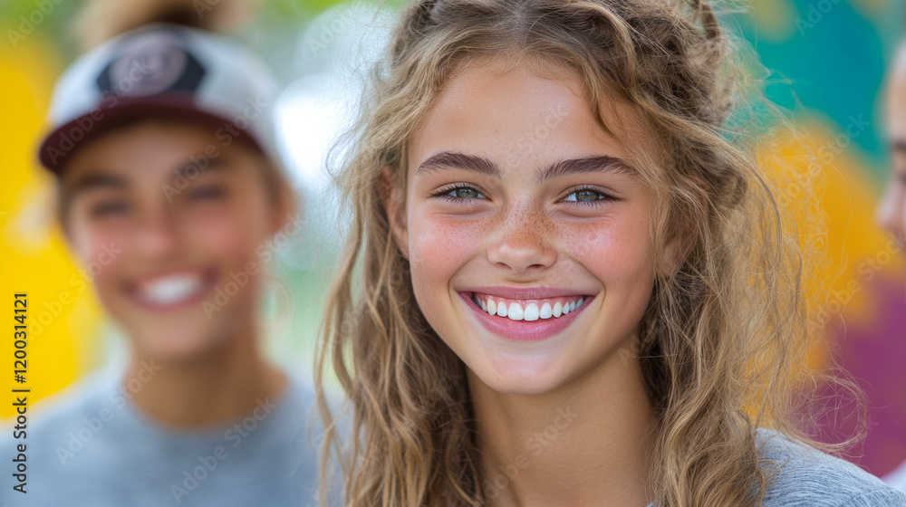 Fototapeta premium A group of Scandinavian young people enjoys a cheerful moment together outdoors, with vibrant colors in the background and laughter shared on a sunny afternoon