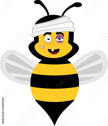 vector illustration character bug bee cartoon, injured with bandages on his head, a black eye, a single tooth