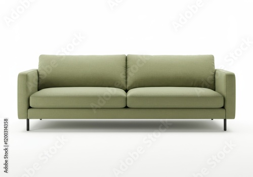 A modern minimalist sofa in light olive green with clean lines, plush cushions and black legs isolated on white background