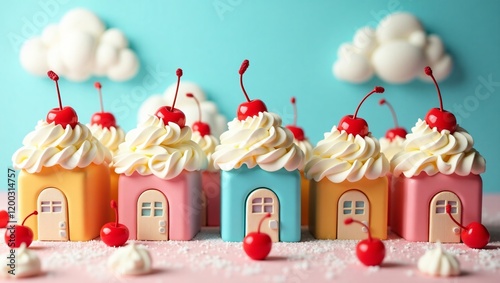 Whimsical Houses with Whipped Cream Roofs and Cherries, a Sweet Fantasy Design