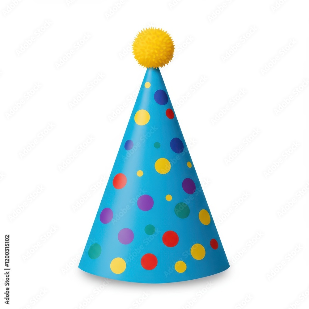 A vibrant party hat with a blue base, decorated with multicolored polka dots and topped with a yellow pom-pom isolated on white background A vibrant party hat with a blue base, decorated with multicolored polka dots and topped with a yellow pom-pom isolated on white background