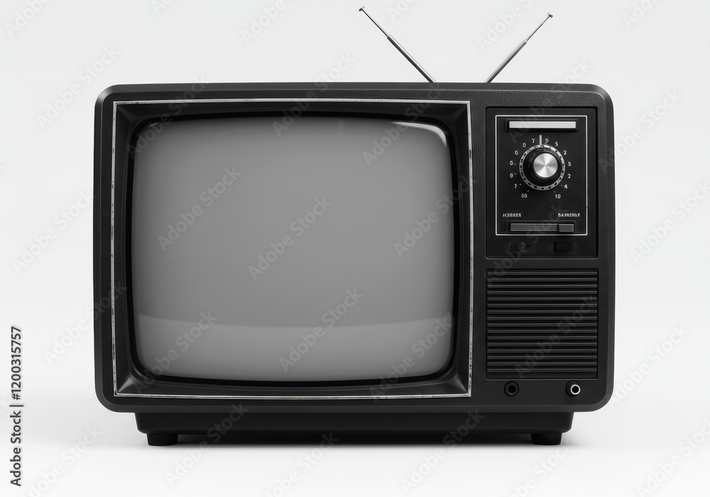 A retro black and white television with knobs and an antenna isolated on white background A retro black and white television with knobs and an antenna isolated on white background