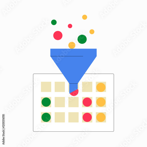 Data Funnel With Colored Dots In Flat Vector Illustration Symbolizing Data Filtering, Organization, And Analysis, Isolated On White Background