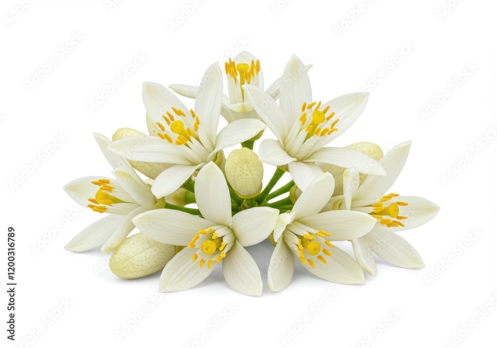 Naklejka premium A cluster of delicate white orange blossom flowers with green stems and yellow centers isolated on white background
