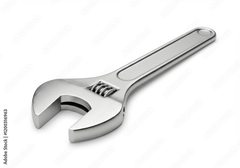 A metallic adjustable wrench with a shiny silver finish showcasing its durable and functional design isolated on a white background A metallic adjustable wrench with a shiny silver finish showcasing its durable and functional design isolated on a white background