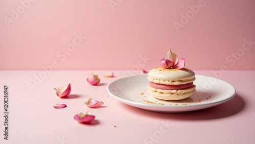 Delicate French Macaron with Rose Petal Buttercream and Gold Dust, Captured in Elegant Wide and Medium Shots